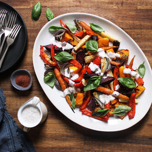 Roast Vegetable Salad with Sumac Yogurt Dressing