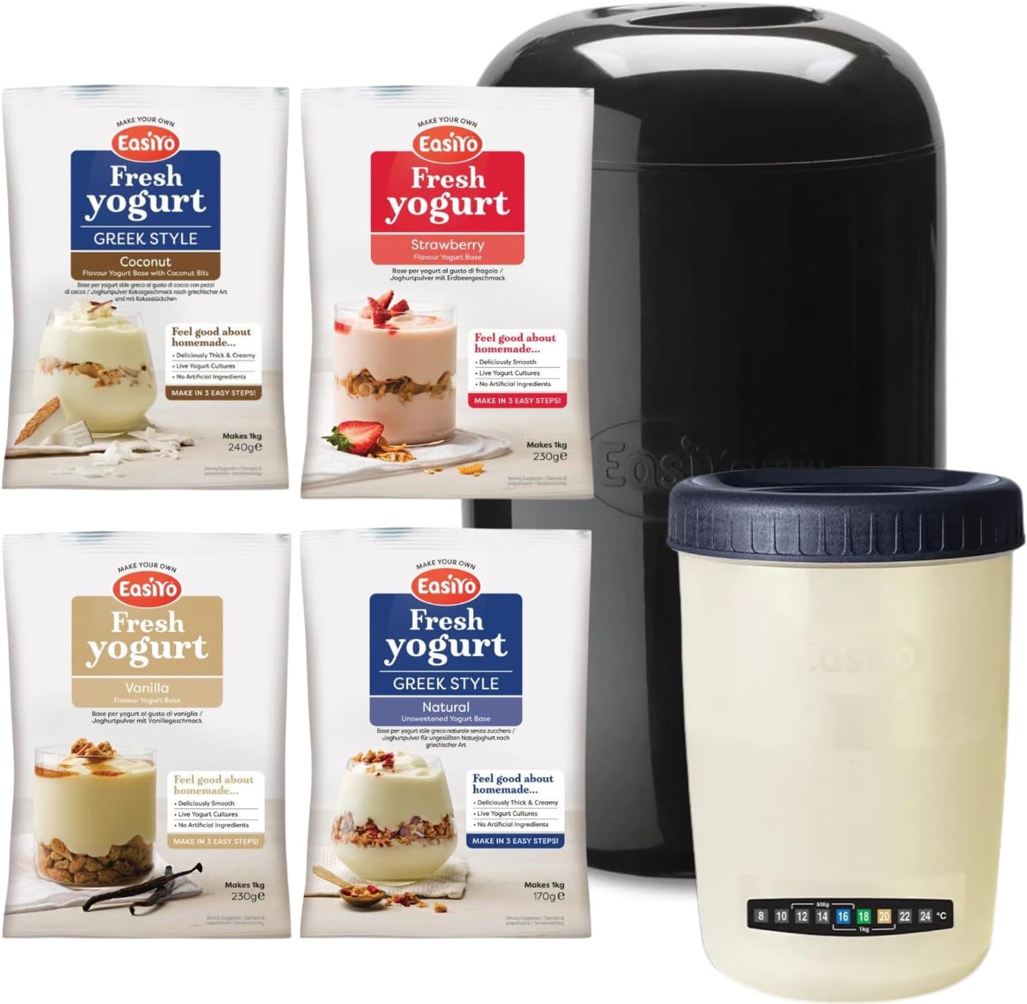 EasiYo Black Yoghurt Maker (1kg) Starter Pack | Includes 4 Sachets of Yogurt Greek Style Natural, Strawberry, Vanilla and Greek Style with Coconut Bits