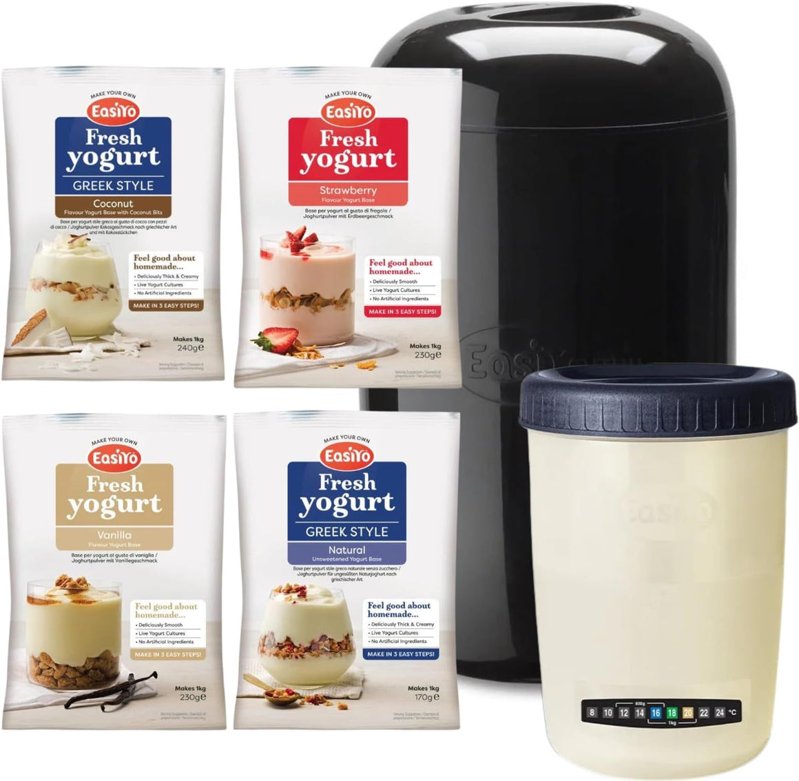 EasiYo Black Yoghurt Maker (1kg) Starter Pack | Includes 4 Sachets of Yogurt Greek Style Natural, Strawberry, Vanilla and Greek Style with Coconut Bits